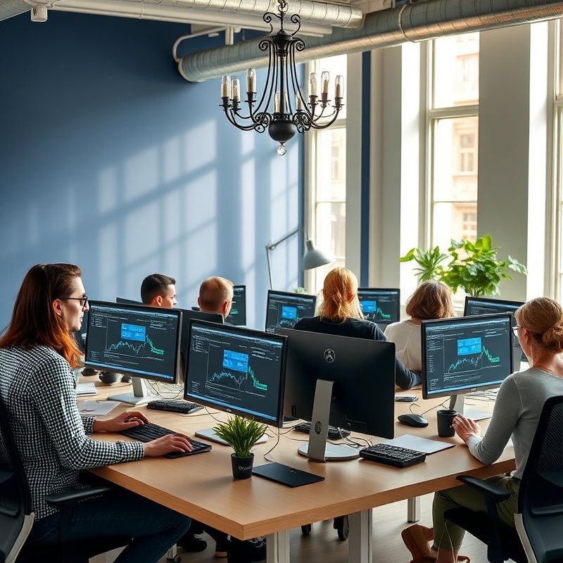 Pražský fintech tým sedmi lidí v moderní open-space kanceláři